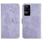 For Xiaomi Poco F4 5G Skin Feel Butterfly Peony Embossed Leather Phone Case(Purple) - 1