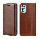 For OPPO Reno6 4G Grid Texture Magnetic Flip Leather Phone Case(Brown) - 1