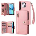 For iPhone 13 Rivet Buckle 9 Cards Three Fold Leather Phone Case(Rose Gold) - 1