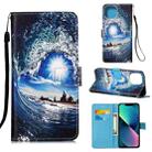 For iPhone 14 Plus Painted Flat Texture Leather Case with Lanyard & Card Slot & Wallet & Holder (Waves Sun) - 1