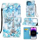 For iPhone 14 Pro Painted Flat Texture Leather Case with Lanyard & Card Slot & Wallet & Holder(Tower Butterfly) - 1