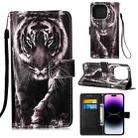 For iPhone 14 Pro Painted Flat Texture Leather Case with Lanyard & Card Slot & Wallet & Holder(Black White Tiger) - 1