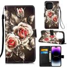 For iPhone 14 Pro Painted Flat Texture Leather Case with Lanyard & Card Slot & Wallet & Holder(Roses On Black) - 1