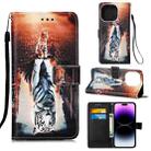 For iPhone 14 Pro Max Painted Flat Texture Leather Case with Lanyard & Card Slot & Wallet & Holder (Cat And Tiger) - 1