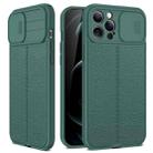 For iPhone 14 Litchi Texture Sliding Camshield TPU Protective Phone Case (Dark Green) - 1