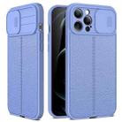 For iPhone 14 Plus Litchi Texture Sliding Camshield TPU Protective Phone Case (Light Purple) - 1