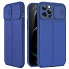 For iPhone 14 Plus Litchi Texture Sliding Camshield TPU Protective Phone Case (Blue) - 1