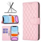 For iPhone 11 Diamond Lattice Wallet Leather Flip Phone Case (Pink) - 1