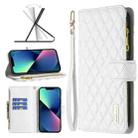 For iPhone 14 Diamond Lattice Zipper Wallet Leather Flip Phone Case (White) - 1