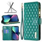 For iPhone 14 Diamond Lattice Zipper Wallet Leather Flip Phone Case (Green) - 1