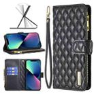 For iPhone 14 Diamond Lattice Zipper Wallet Leather Flip Phone Case (Black) - 1
