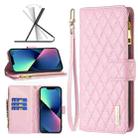 For iPhone 14 Plus Diamond Lattice Zipper Wallet Leather Flip Phone Case (Pink) - 1