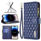 For iPhone 14 Pro Max Diamond Lattice Zipper Wallet Leather Flip Phone Case (Blue) - 1