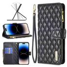 For iPhone 14 Pro Max Diamond Lattice Zipper Wallet Leather Flip Phone Case (Black) - 1