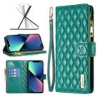 For iPhone 13 mini Diamond Lattice Zipper Wallet Leather Flip Phone Case (Green) - 1