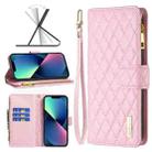 For iPhone 13 mini Diamond Lattice Zipper Wallet Leather Flip Phone Case (Pink) - 1