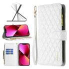 For iPhone 13 Diamond Lattice Zipper Wallet Leather Flip Phone Case(White) - 1