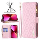 For iPhone 13 Diamond Lattice Zipper Wallet Leather Flip Phone Case(Pink) - 1