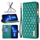 For iPhone 13 Pro Max Diamond Lattice Zipper Wallet Leather Flip Phone Case (Green) - 1