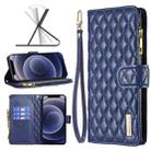 For iPhone 12 mini Diamond Lattice Zipper Wallet Leather Flip Phone Case (Blue) - 1