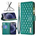 For iPhone 12 mini Diamond Lattice Zipper Wallet Leather Flip Phone Case (Green) - 1