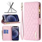 For iPhone 12 mini Diamond Lattice Zipper Wallet Leather Flip Phone Case (Pink) - 1