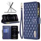 For iPhone 12 / 12 Pro Diamond Lattice Zipper Wallet Leather Flip Phone Case(Blue) - 1