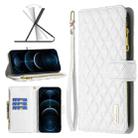 For iPhone 12 Pro Max Diamond Lattice Zipper Wallet Leather Flip Phone Case(White) - 1