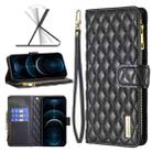 For iPhone 12 Pro Max Diamond Lattice Zipper Wallet Leather Flip Phone Case(Black) - 1