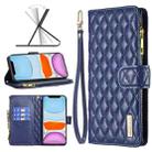 For iPhone 11 Diamond Lattice Zipper Wallet Leather Flip Phone Case (Blue) - 1