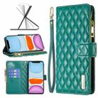 For iPhone 11 Diamond Lattice Zipper Wallet Leather Flip Phone Case (Green) - 1