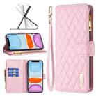 For iPhone 11 Diamond Lattice Zipper Wallet Leather Flip Phone Case (Pink) - 1