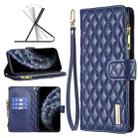For iPhone 11 Pro Diamond Lattice Zipper Wallet Leather Flip Phone Case (Blue) - 1
