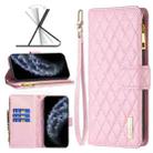 For iPhone 11 Pro Diamond Lattice Zipper Wallet Leather Flip Phone Case (Pink) - 1