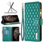 For iPhone 11 Pro Max Diamond Lattice Zipper Wallet Leather Flip Phone Case (Green) - 1