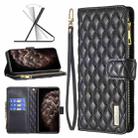 For iPhone 11 Pro Max Diamond Lattice Zipper Wallet Leather Flip Phone Case (Black) - 1