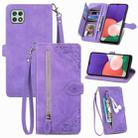 For Samsung Galaxy A22 5G Embossed Flower Shockproof Leather Phone Case(Purple) - 1