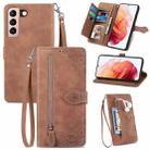 For Samsung Galaxy S21+ 5G Embossed Flower Shockproof Leather Phone Case(Brown) - 1