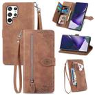 For Samsung Galaxy S22 Ultra 5G Embossed Flower Shockproof Leather Phone Case(Brown) - 1