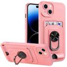 For iPhone 14 Pro Max Ring Kickstand Card Wallet TPU Phone Case (Pink) - 1