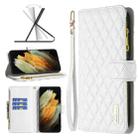 For Samsung Galaxy S21 Ultra 5G Diamond Lattice Zipper Wallet Leather Flip Phone Case(White) - 1