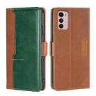 For Motorola Moto G42 4G Contrast Color Side Buckle Leather Phone Case(Light Brown + Green) - 1