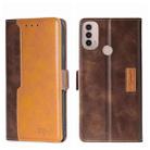 For Motorola Moto E40 Contrast Color Side Buckle Leather Phone Case(Dark Brown + Gold) - 1