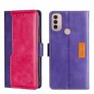 For Motorola Moto E40 Contrast Color Side Buckle Leather Phone Case(Purple + Rose Red) - 1