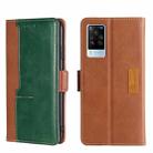 For vivo X60 Pro Global/X60 Curved Screen Contrast Color Side Buckle Leather Phone Case(Light Brown + Green) - 1