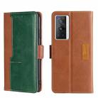 For vivo X70 Pro Contrast Color Side Buckle Leather Phone Case(Light Brown + Green) - 1
