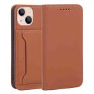 For iPhone 14 Plus Magnetism Skin Feel Card Holder Leather Phone Case (Brown) - 1