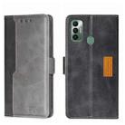 For Tecno Spark 7 Contrast Color Side Buckle Leather Phone Case(Black + Grey) - 1