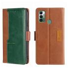 For Tecno Spark 7 Contrast Color Side Buckle Leather Phone Case(Light Brown + Green) - 1