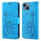 For iPhone 14 Plus Lotus Embossed Leather Phone Case (Blue) - 1